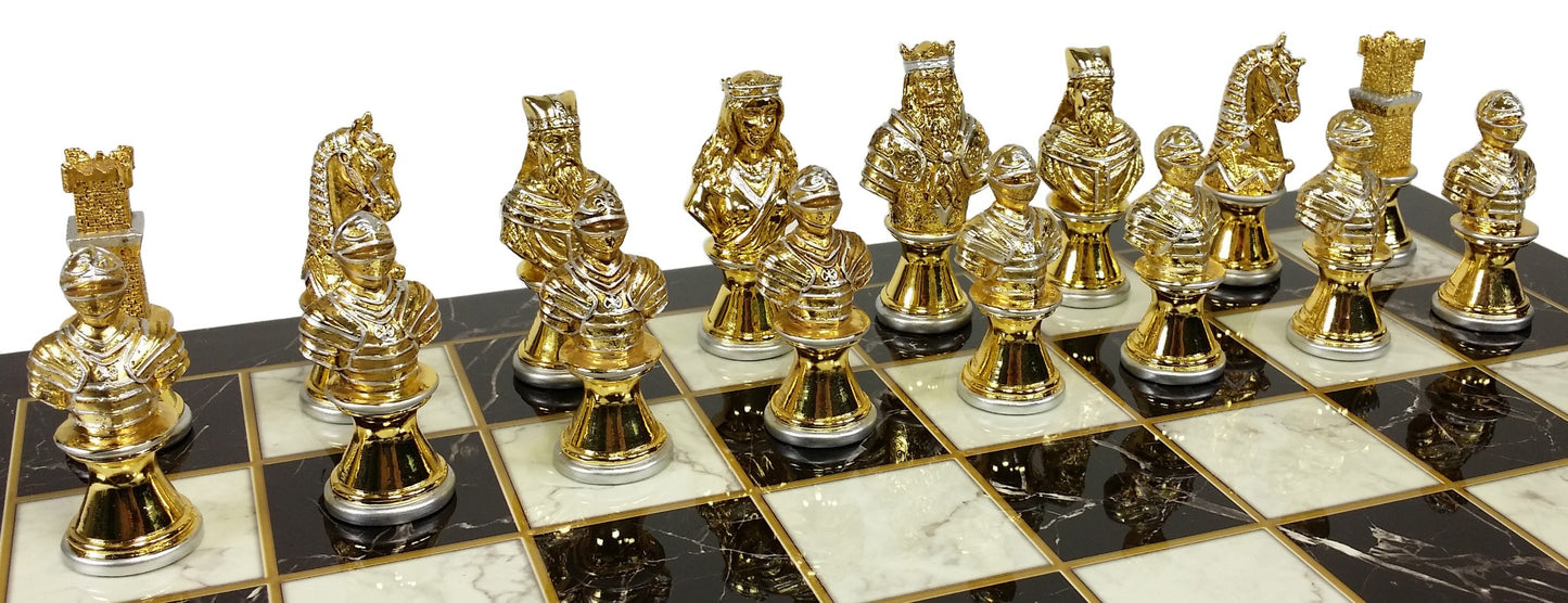 METAL Medieval Times Crusades Gold Silver Busts Chess Set Black Faux Marble Boar