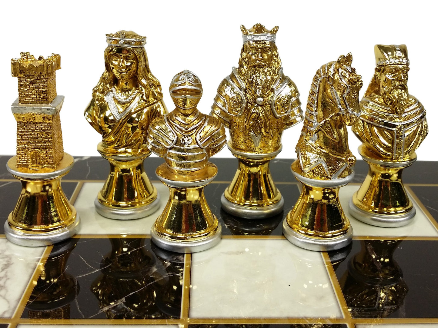 METAL Medieval Times Crusades Gold Silver Busts Chess Set Black Faux Marble Boar