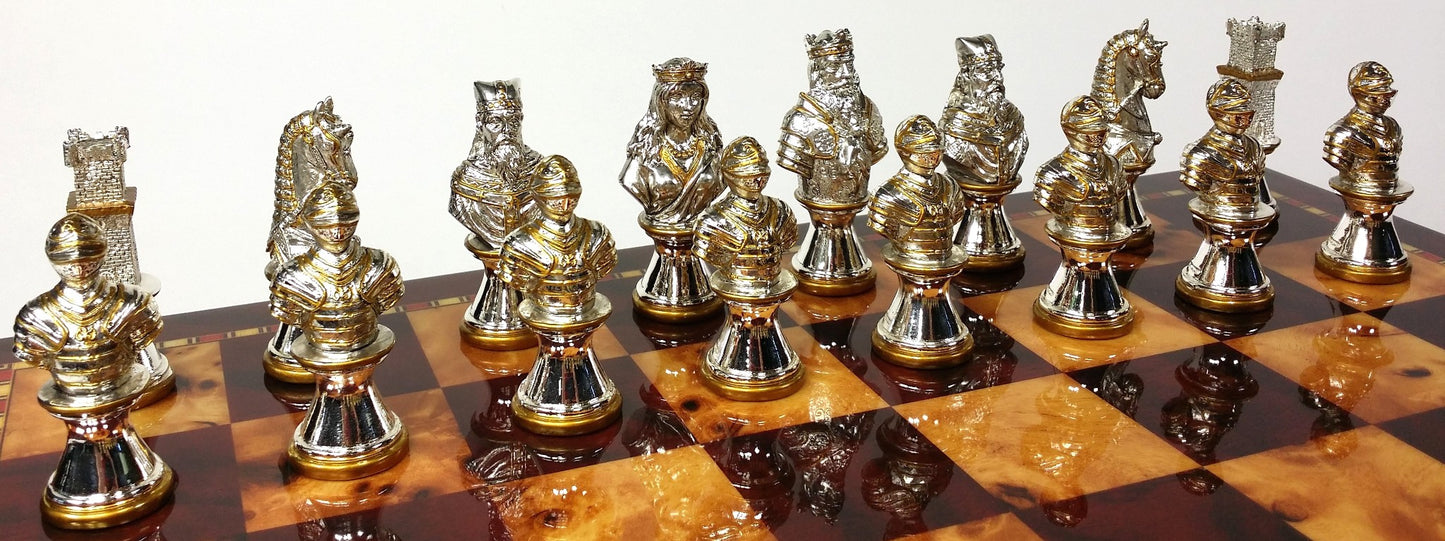 METAL Medieval Times Crusades Gold & Silver Busts Chess Set 18" Cherry Color Bd