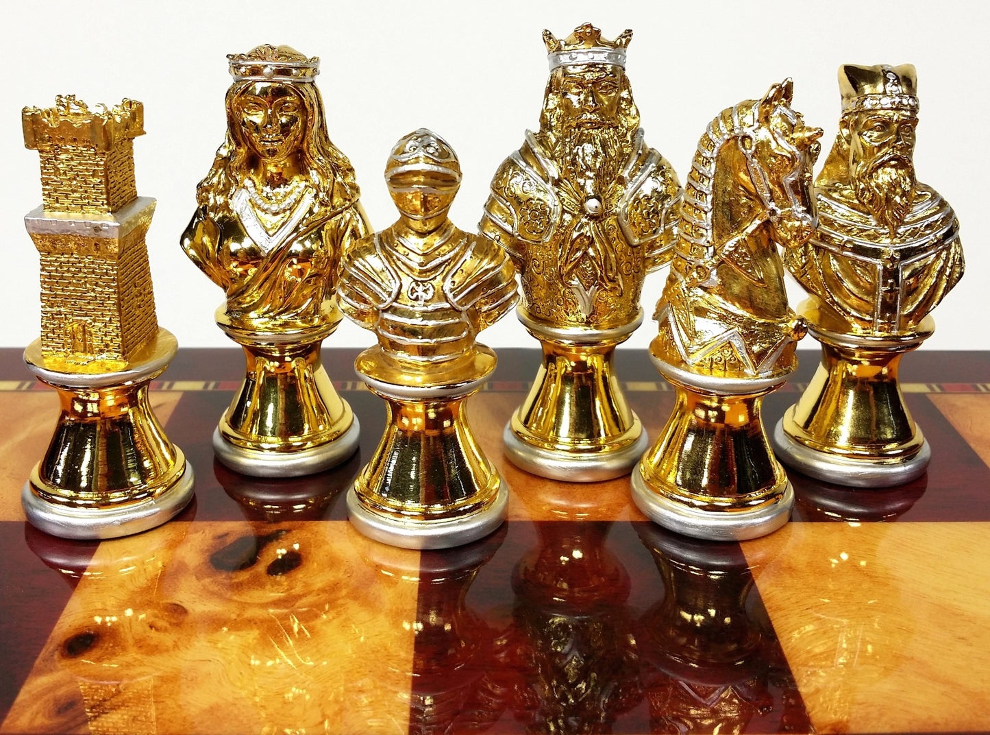 METAL Medieval Times Crusades Gold & Silver Busts Chess Set 18" Cherry Color Bd
