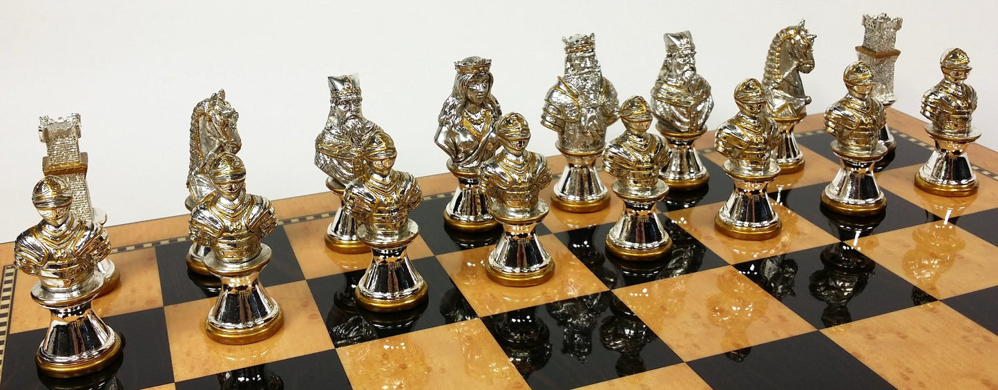 METAL Medieval Times Crusades Gold & Silver Busts Chess Set 18" Walnut Color Bd