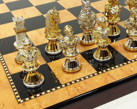 METAL Medieval Times Crusades Gold & Silver Busts Chess Set 18" Walnut Color Bd