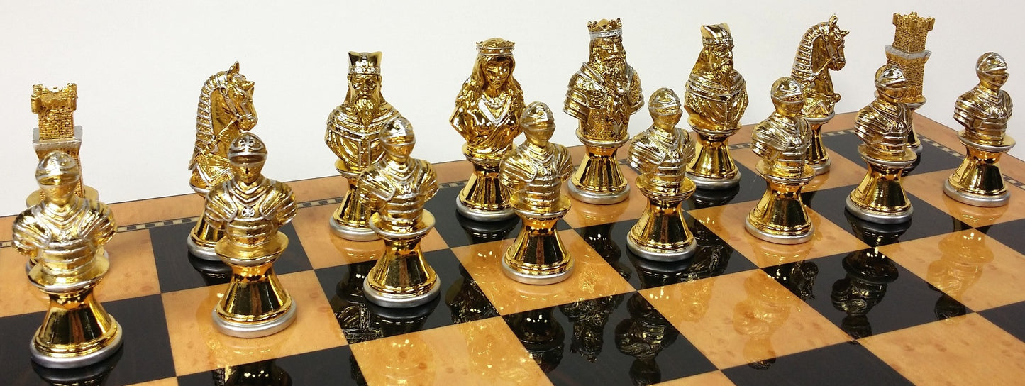METAL Medieval Times Crusades Gold Silver Busts Chess Set  Walnut Color Storage
