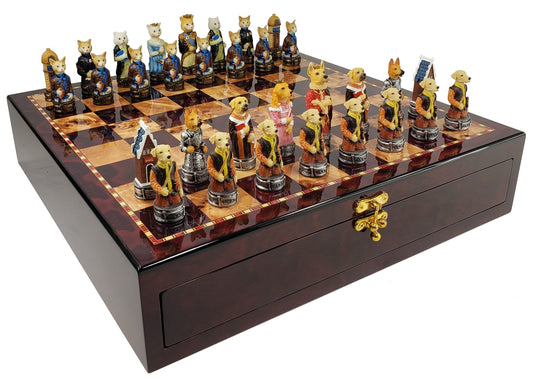 Cats Vs Dogs Animal Chess Set With 17" Cherry Color Storage Board