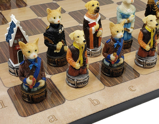 Cats Vs Dogs Animal Painted Chess Set With 17" Rustic Color Board