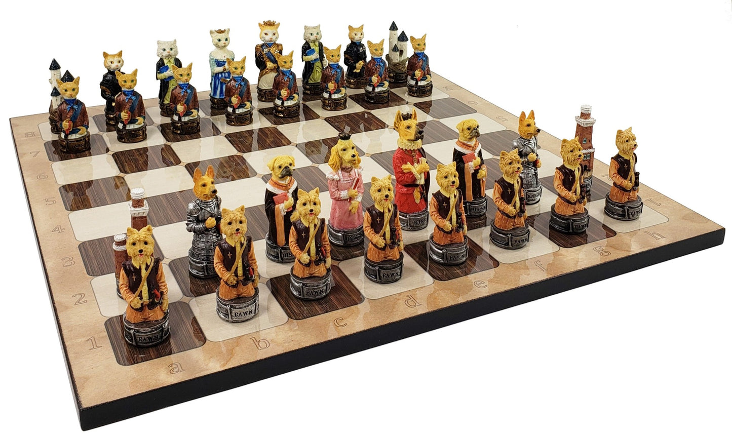 Cats Vs Dogs Animals Chess Set With 17" Rustic Color Board W Castles