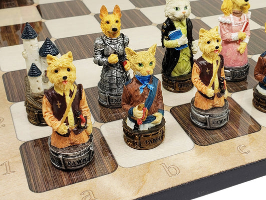 Cats Vs Dogs Animals Chess Set With 17" Rustic Color Board W Castles