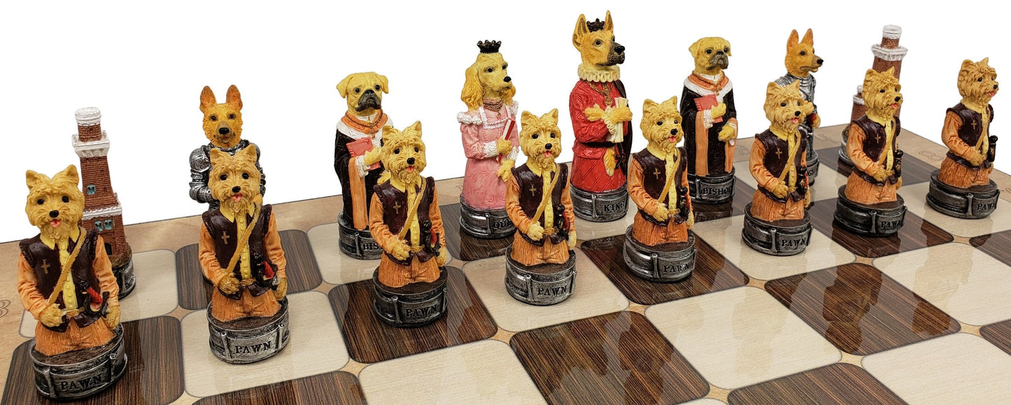 Cats Vs Dogs Animals Chess Set With 17" Rustic Color Board W Castles