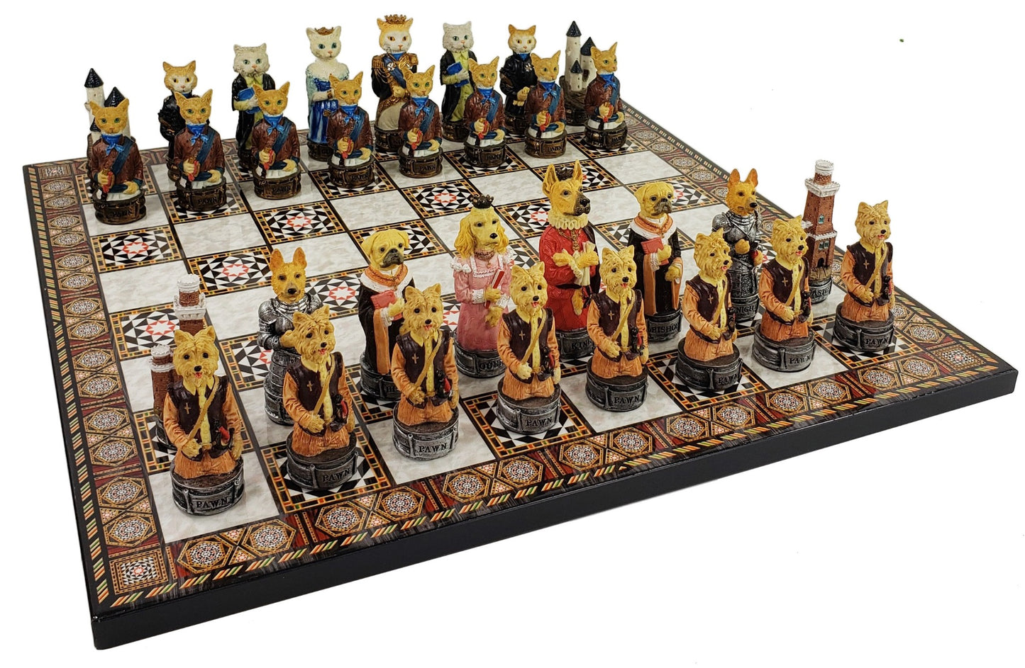 Cats Vs Dogs Animals Chess Set With 14 1/2 inch Mosaic Color Board