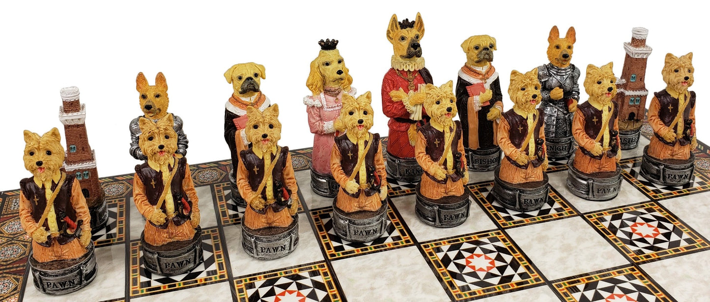 Cats Vs Dogs Animals Chess Set With 14 1/2 inch Mosaic Color Board