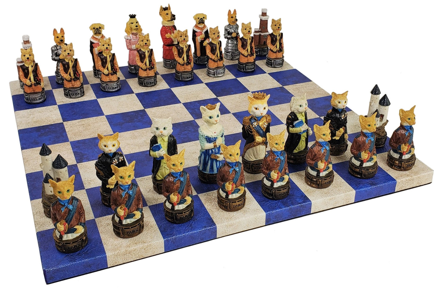 Cats Vs Dogs Animals Chess Set With 14 inch Blue and Cream Faux Leather Board