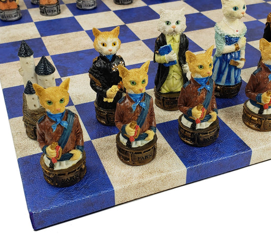 Cats Vs Dogs Animals Chess Set With 14 inch Blue and Cream Faux Leather Board