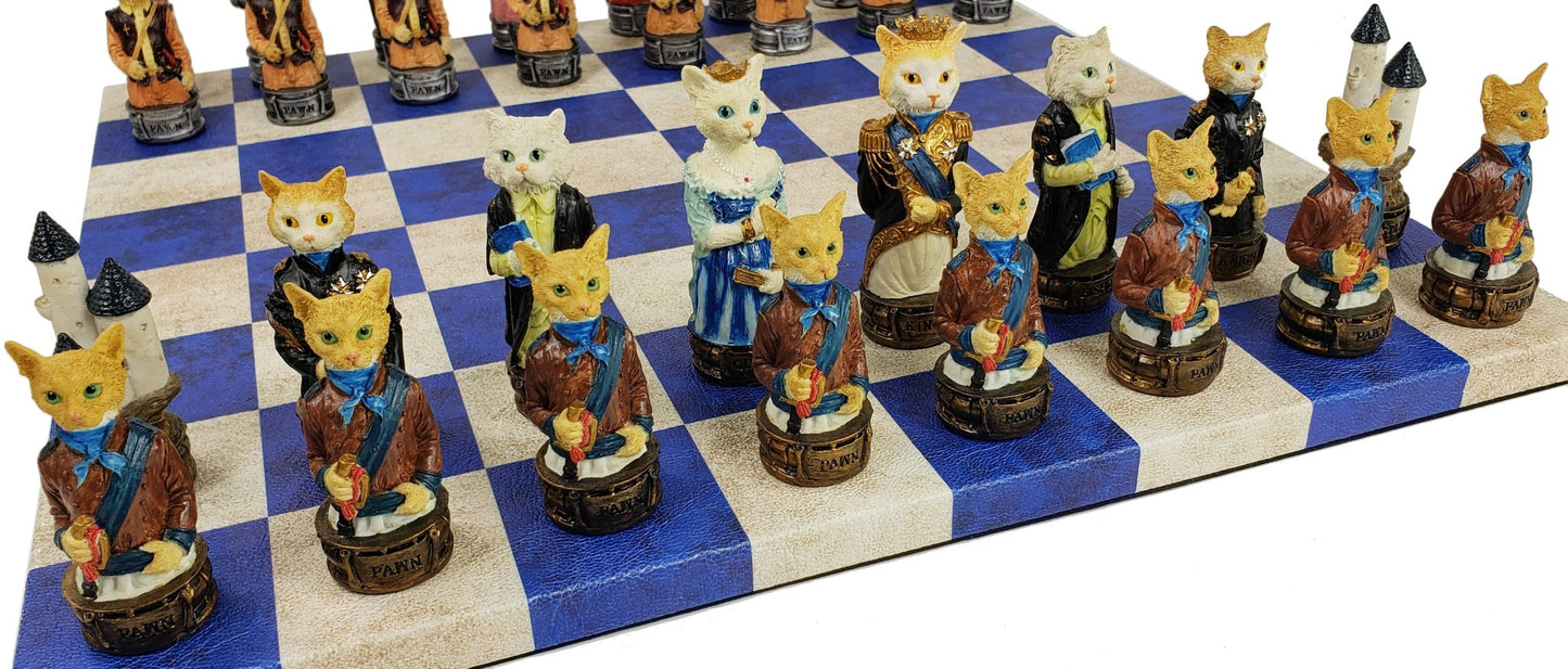 Cats Vs Dogs Animals Chess Set With 14 inch Blue and Cream Faux Leather Board