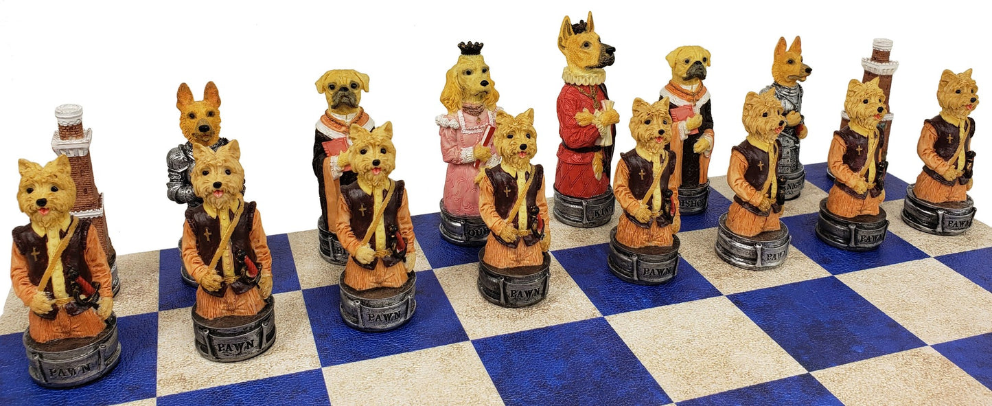 Cats Vs Dogs Animals Chess Set With 14 inch Blue and Cream Faux Leather Board