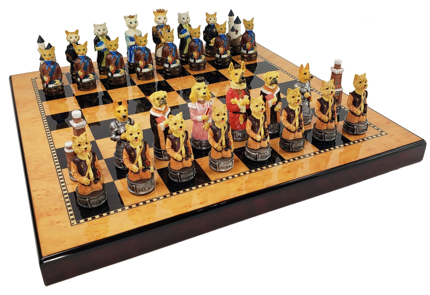 Royal Cats Vs Dogs Chess Animal Chess Set W 15" Walnut Color Board