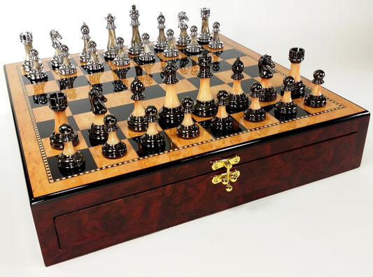 Staunton Chrome & Black Pro Plastic Chess Men Set 17" Walnut Color Storage Board