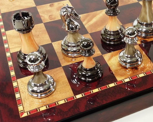Staunton Chrome & Black Pro Plastic Chess Men Set W 18" Gloss Cherry Color Board