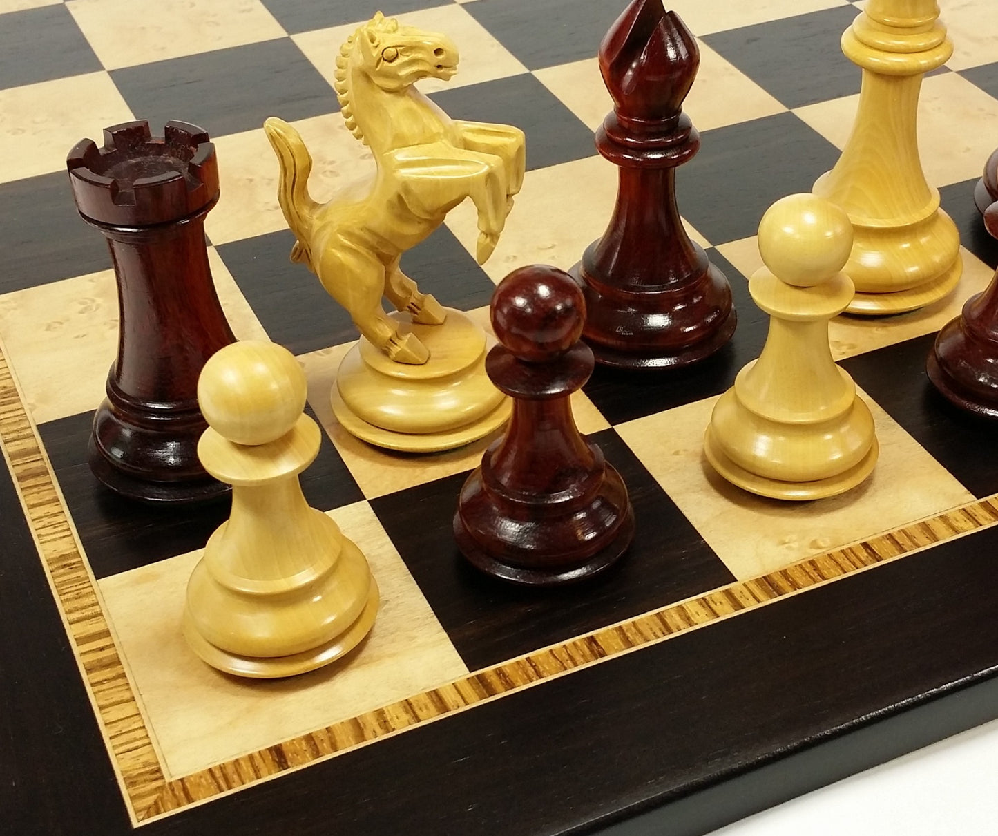 BLOOD ROSEWOOD REARING KNIGHT 4 1/2" Kg Large Staunton Chess Set 20" Ebony Board