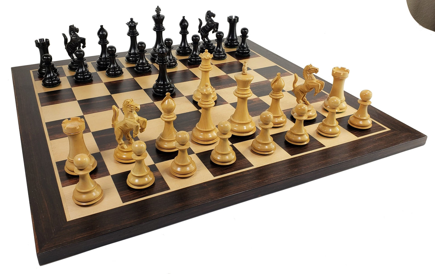 BLACK EBONY REARING KNIGHT 4 1/2" Kg Large Staunton Chess Set 22" Ebony Board