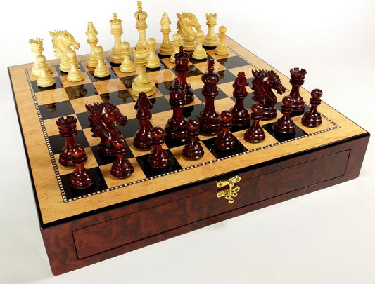 BLOOD ROSEWOOD DRAGON 4 5/8" Large Staunton Chess Set Walnut Color Storage Board