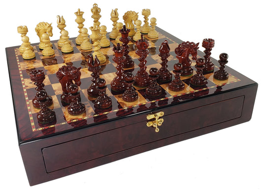 BLOODWOOD TWISTED 4 1/2 KG Large Staunton Chess Set Cherry Color Storage Board