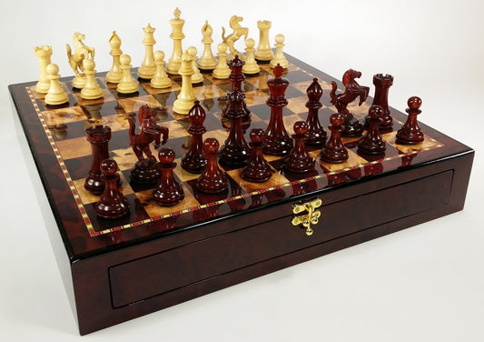 BLOOD ROSEWOOD REARING KNIGHT Large Staunton Chess Set Cherry Color Storage Boar