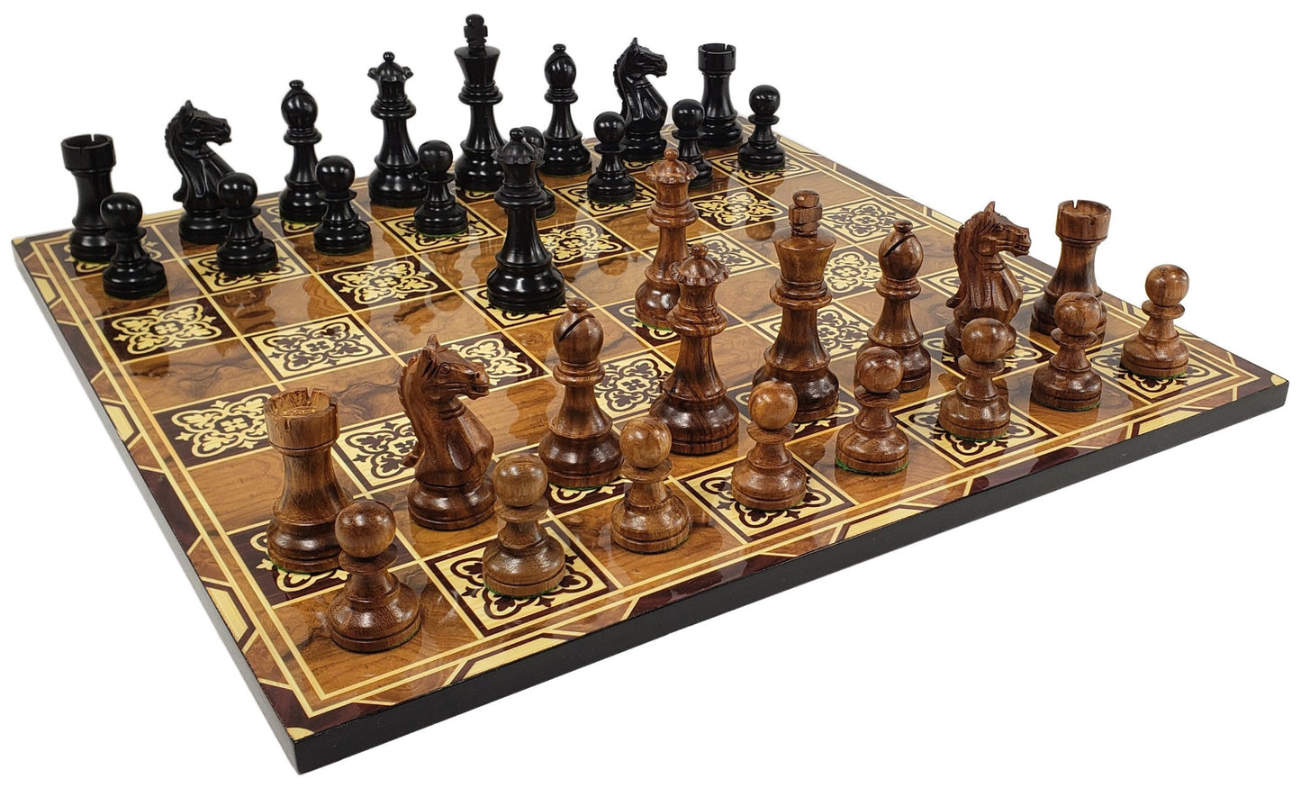 Acacia & Black Supreme 3 3/4 Kg Staunton Wood Chess Set 17" Burlwood Color Board