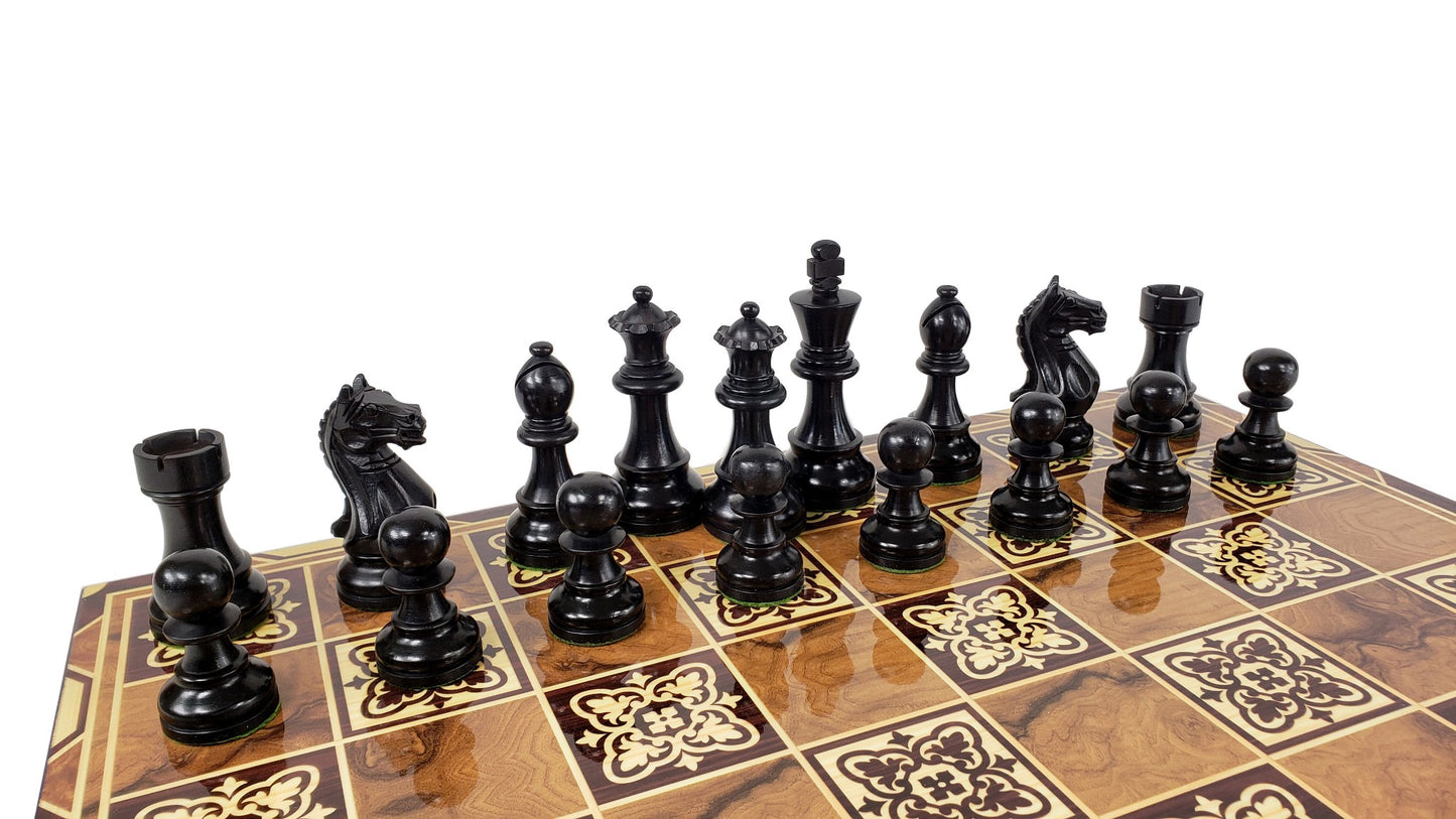 Acacia & Black Supreme 3 3/4 Kg Staunton Wood Chess Set 17" Burlwood Color Board