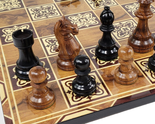 Acacia & Black Supreme 3 3/4 Kg Staunton Wood Chess Set 17" Burlwood Color Board