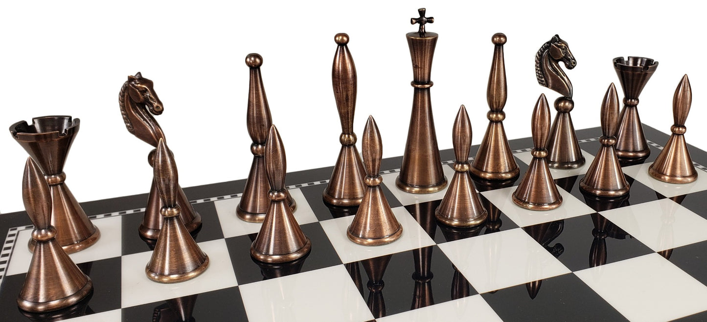 Brass Metal Modern Art Deco Staunton Chess Set 17" Black & White Storage Board