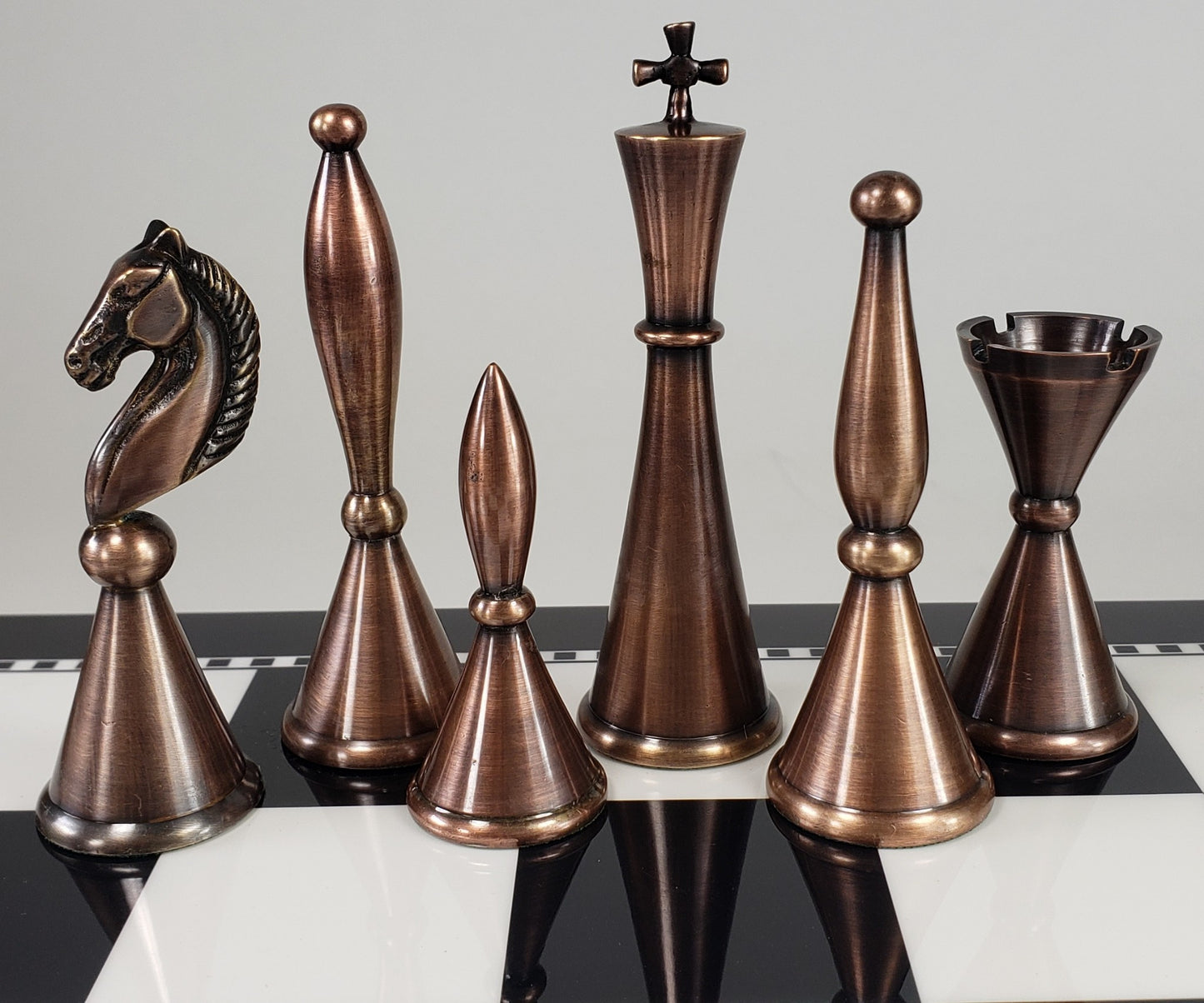 Brass Metal Modern Art Deco Staunton Chess Set W/ 15" Black & White Gloss Board