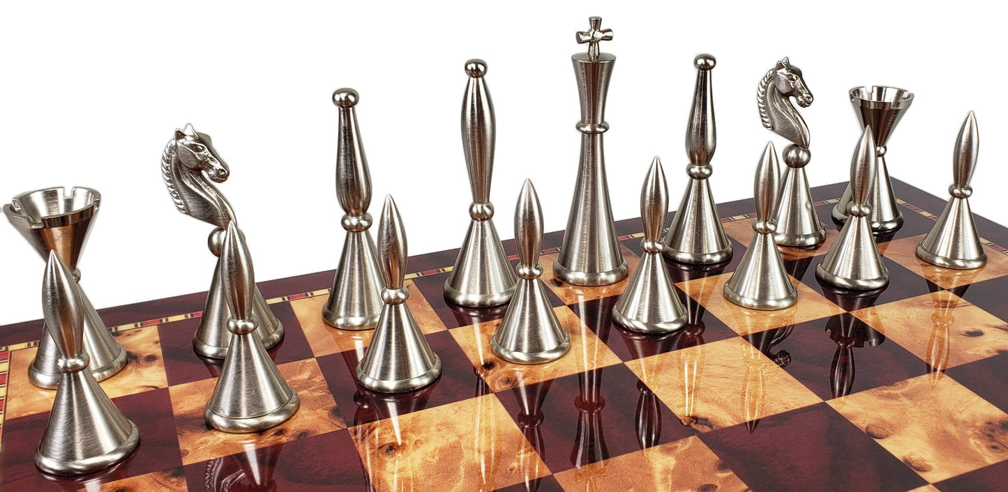 Brass Metal Modern Art Deco Staunton Chess Set W/ 17" Cherry Color Storage Board