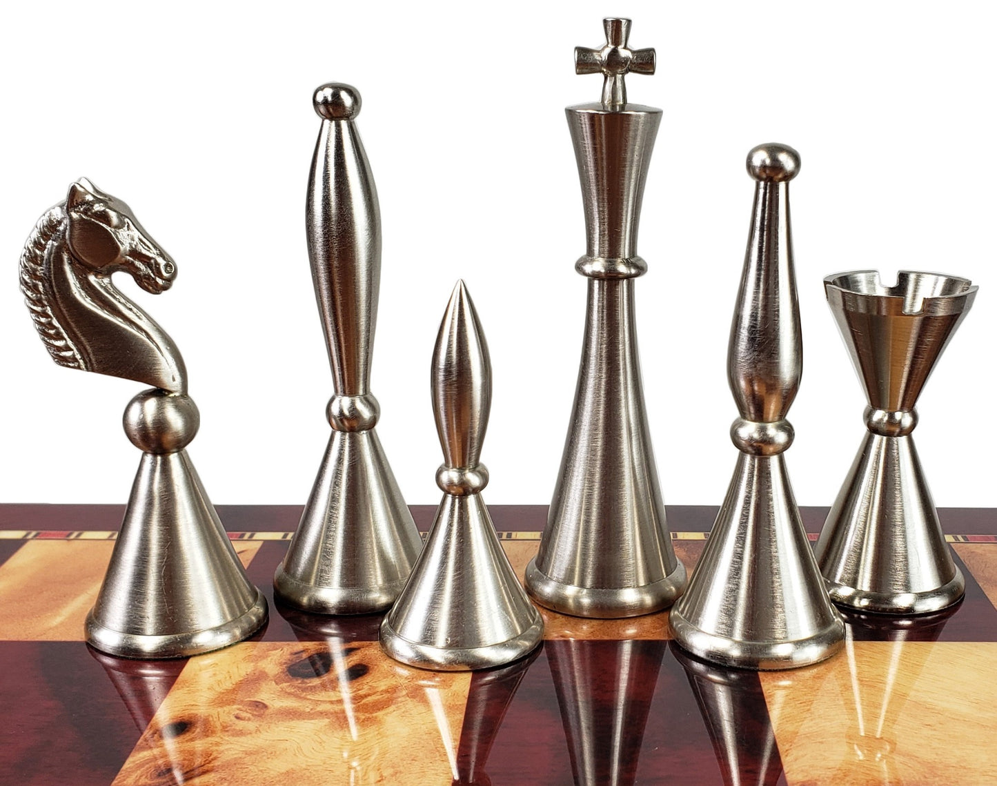 Brass Metal Modern Art Deco Staunton Chess Set W/ 17" Cherry Color Storage Board