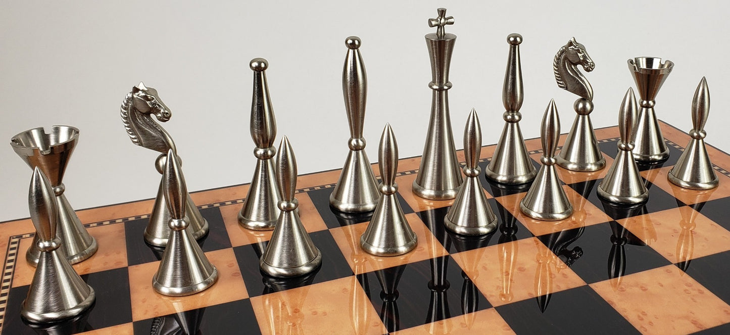 Brass Metal Modern Art Deco Staunton Chess Set W/ 17" Walnut Color Storage Board
