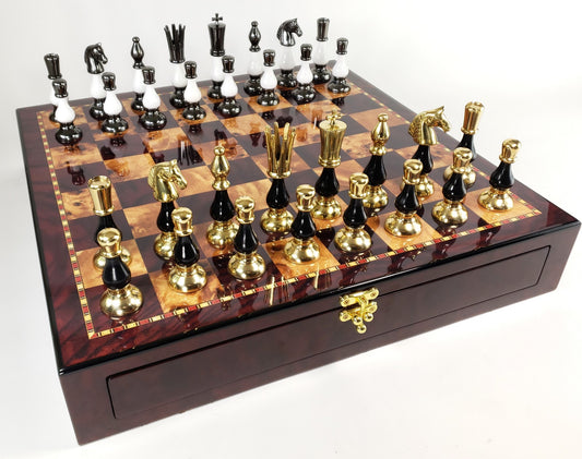 LARGE Brass Metal Gold Black Spike Staunton Chess Set Cherry Color Storage Board