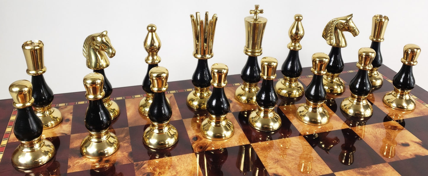 LARGE Brass Metal Gold Black Spike Staunton Chess Set Cherry Color Storage Board