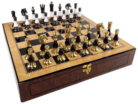 LARGE Brass Metal Gold Black Spike Staunton Chess Set Walnut Color Storage Board