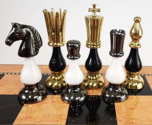 LARGE Brass Metal Gold Black 2 Tone Spiked Queen Staunton Chess Men Set NO Board