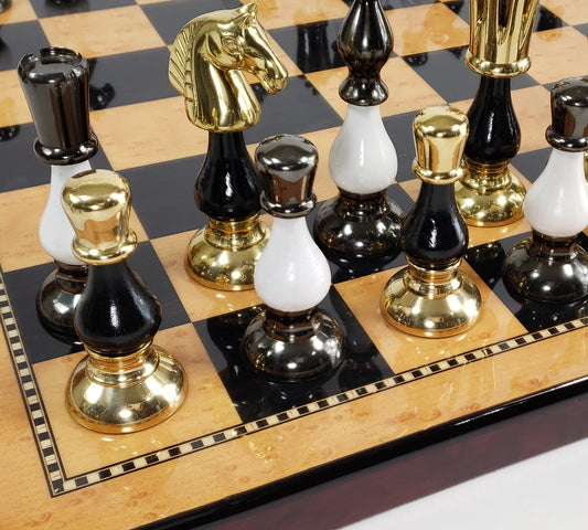 LARGE Brass Metal Gold Black Spike Staunton Chess Set 18" Walnut Color Board