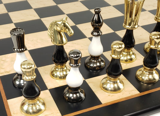 LARGE BRASS METAL Gold Black Chrome Spiked 2 Tone Staunton Chess Set 21.5" Board