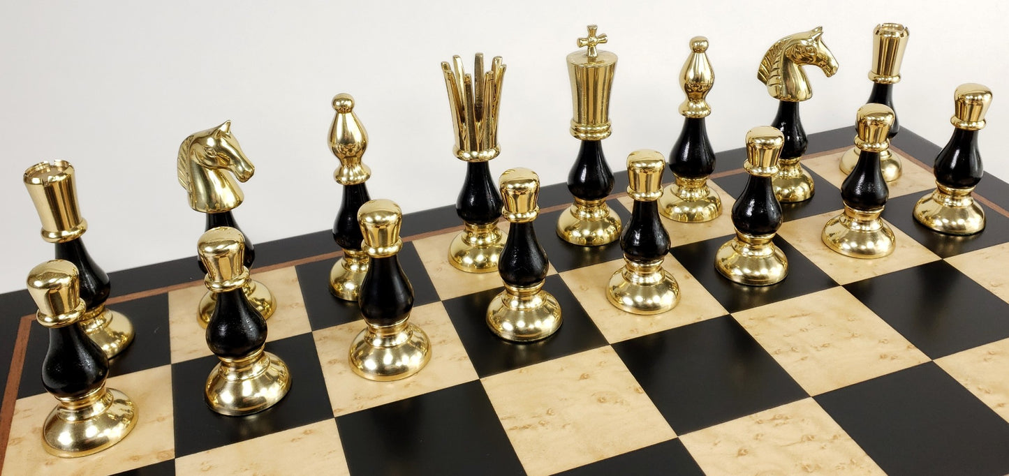 LARGE BRASS METAL Gold Black Chrome Spiked 2 Tone Staunton Chess Set 21.5" Board