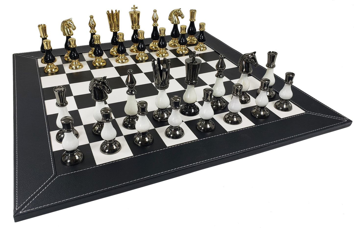 LARGE Brass Metal Gold Black Spike Staunton Chess Set 21" BK Faux Leather Board