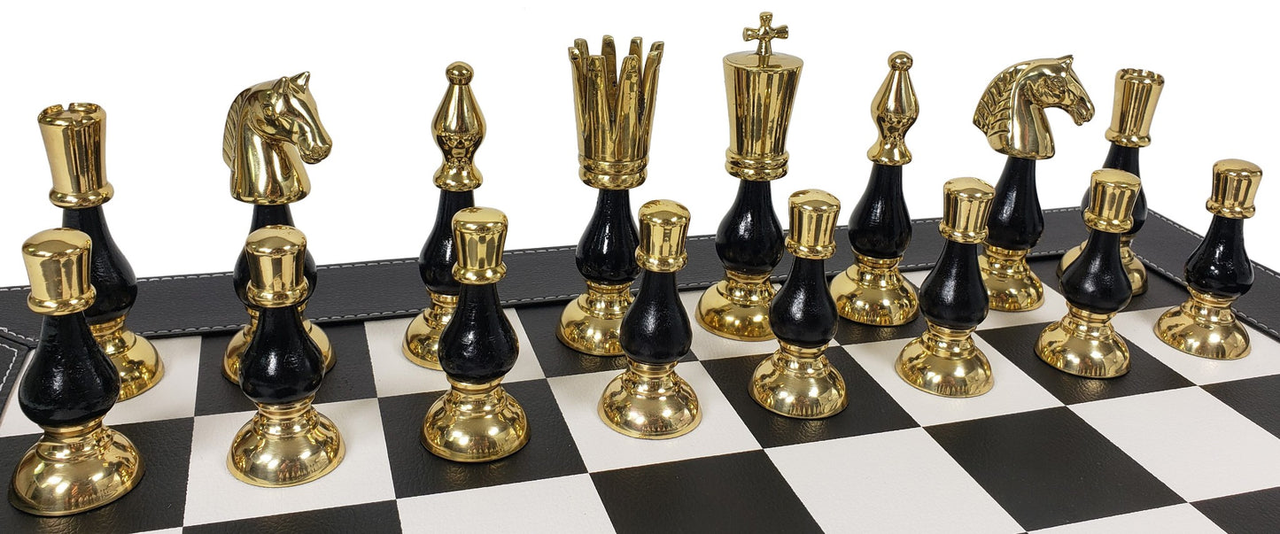 LARGE Brass Metal Gold Black Spike Staunton Chess Set 21" BK Faux Leather Board