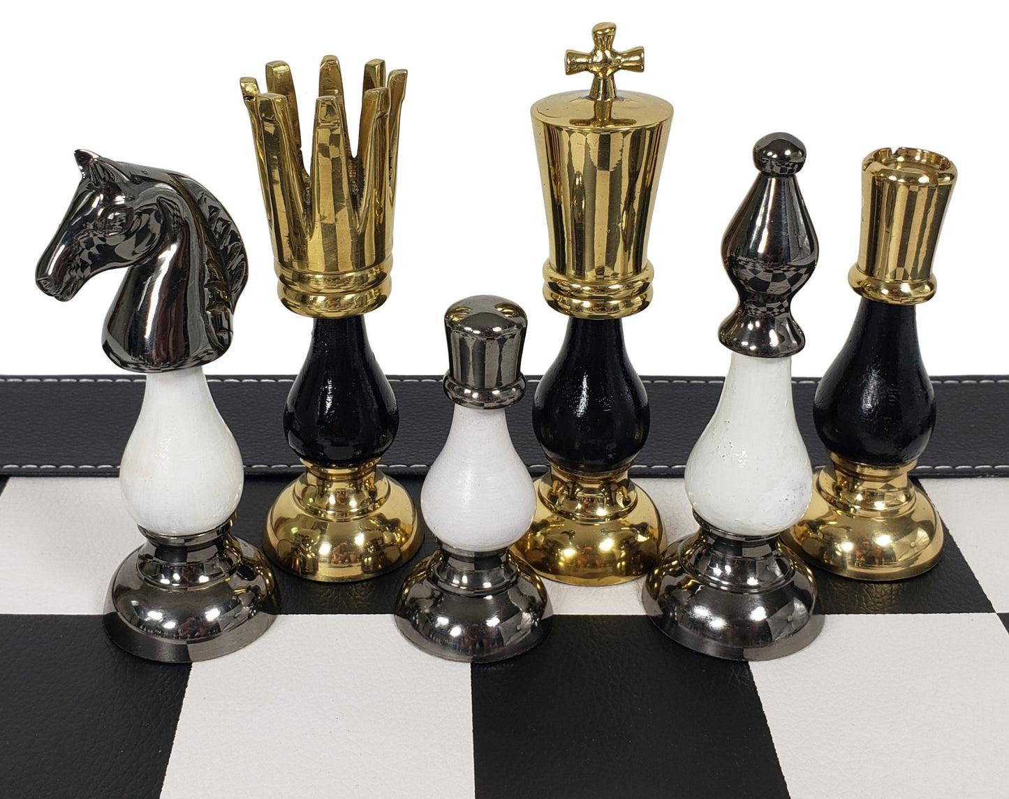 LARGE Brass Metal Gold Black Spike Staunton Chess Set 21" BK Faux Leather Board