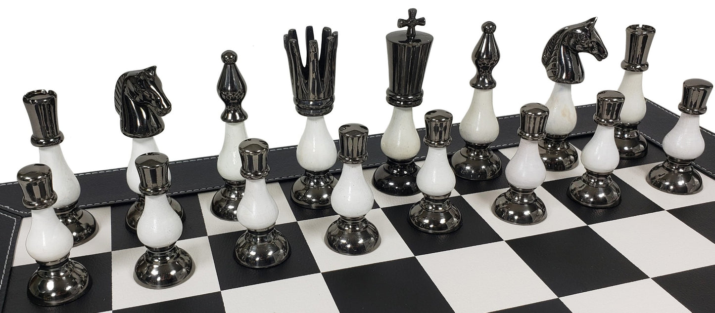 LARGE Brass Metal Gold Black Spike Staunton Chess Set 21" BK Faux Leather Board