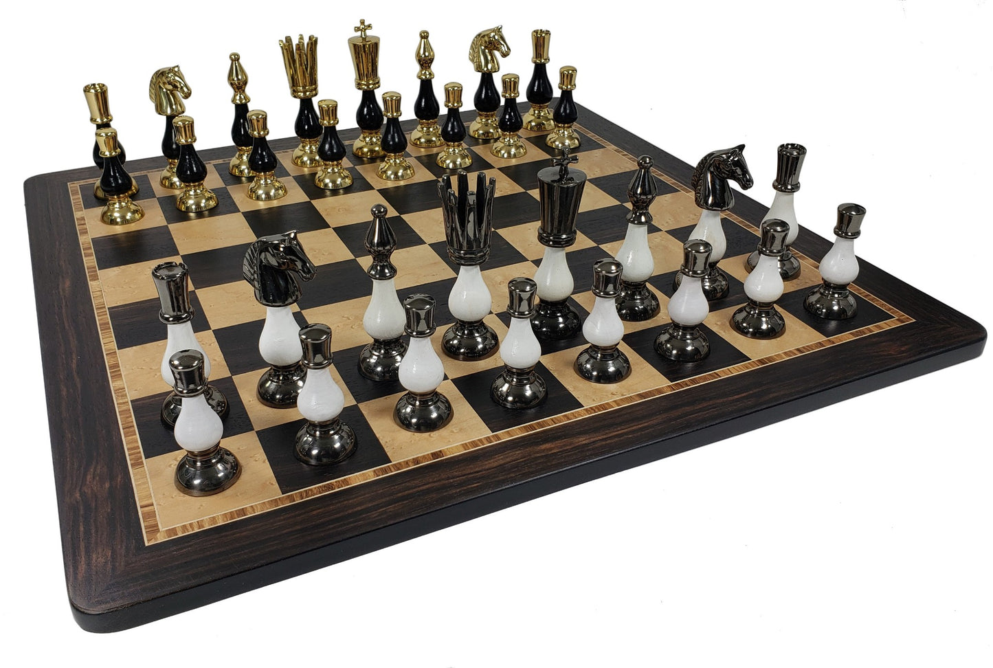 LARGE Brass Metal Gold Black Chrome Spiked 2 Tone Staunton Chess Set 20.5" Board