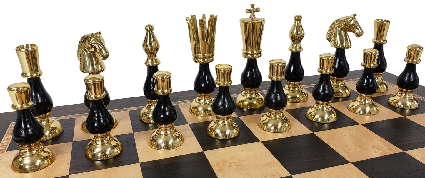 LARGE Brass Metal Gold Black Chrome Spiked 2 Tone Staunton Chess Set 20.5" Board