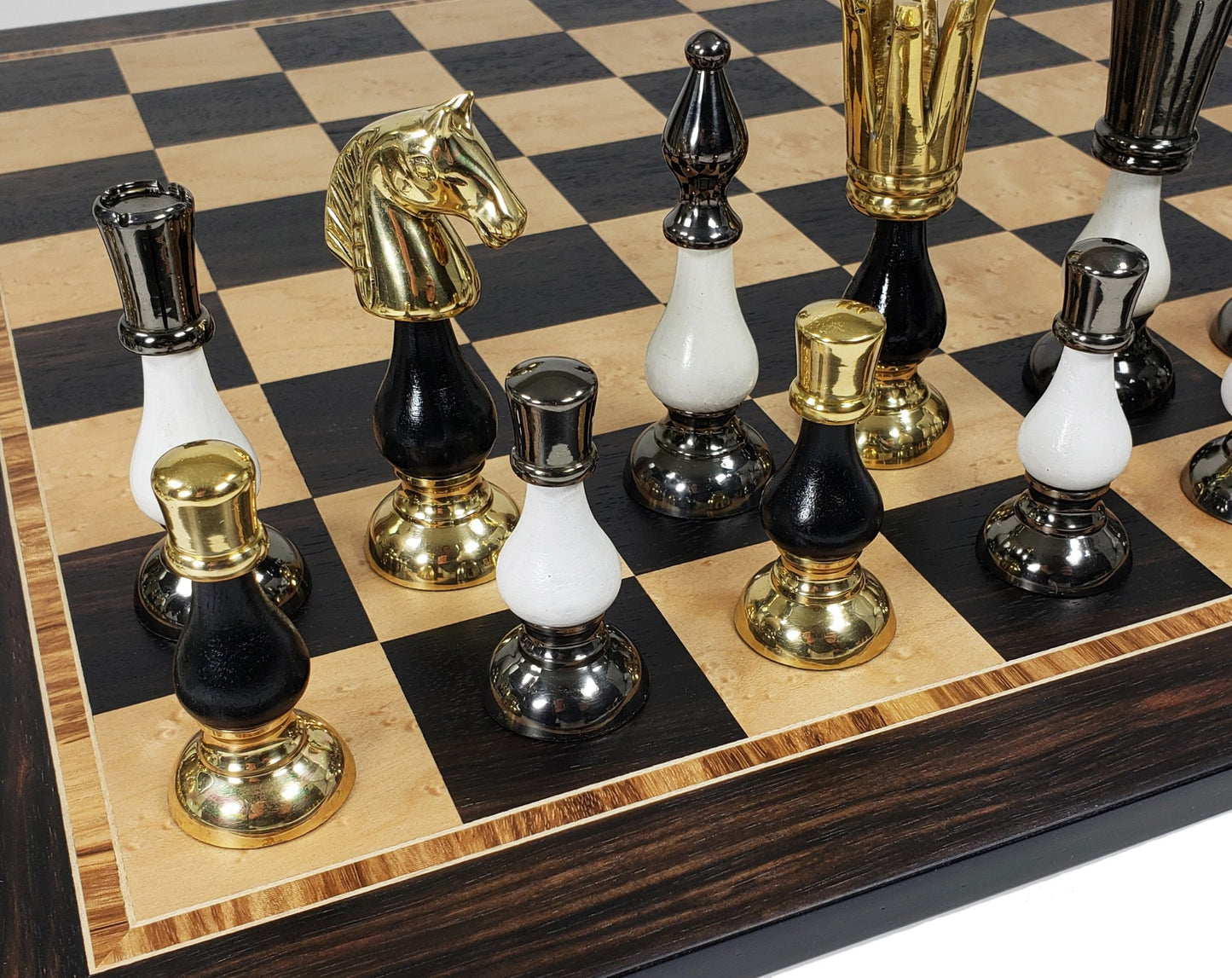 LARGE Brass Metal Gold Black Chrome Spiked 2 Tone Staunton Chess Set 20.5" Board