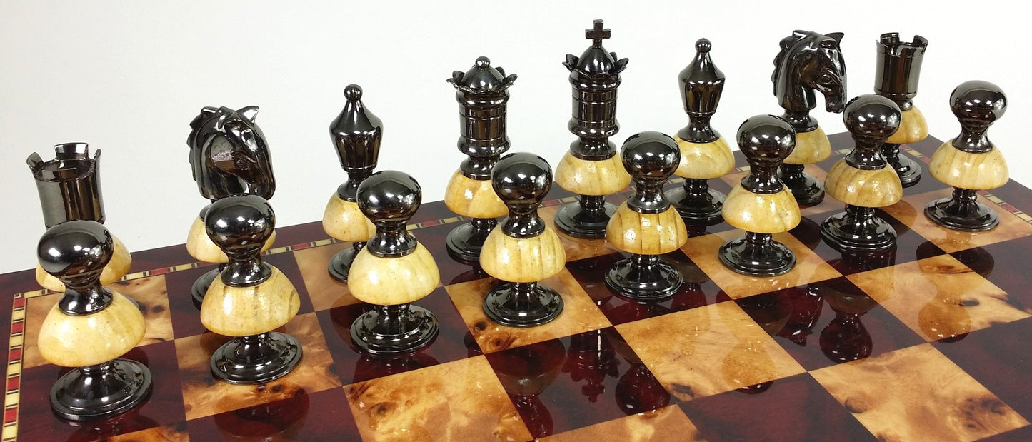 Large BRASS METAL Gold Black Chrome & Wood Royal Staunton Chess Men Set NO BOARD