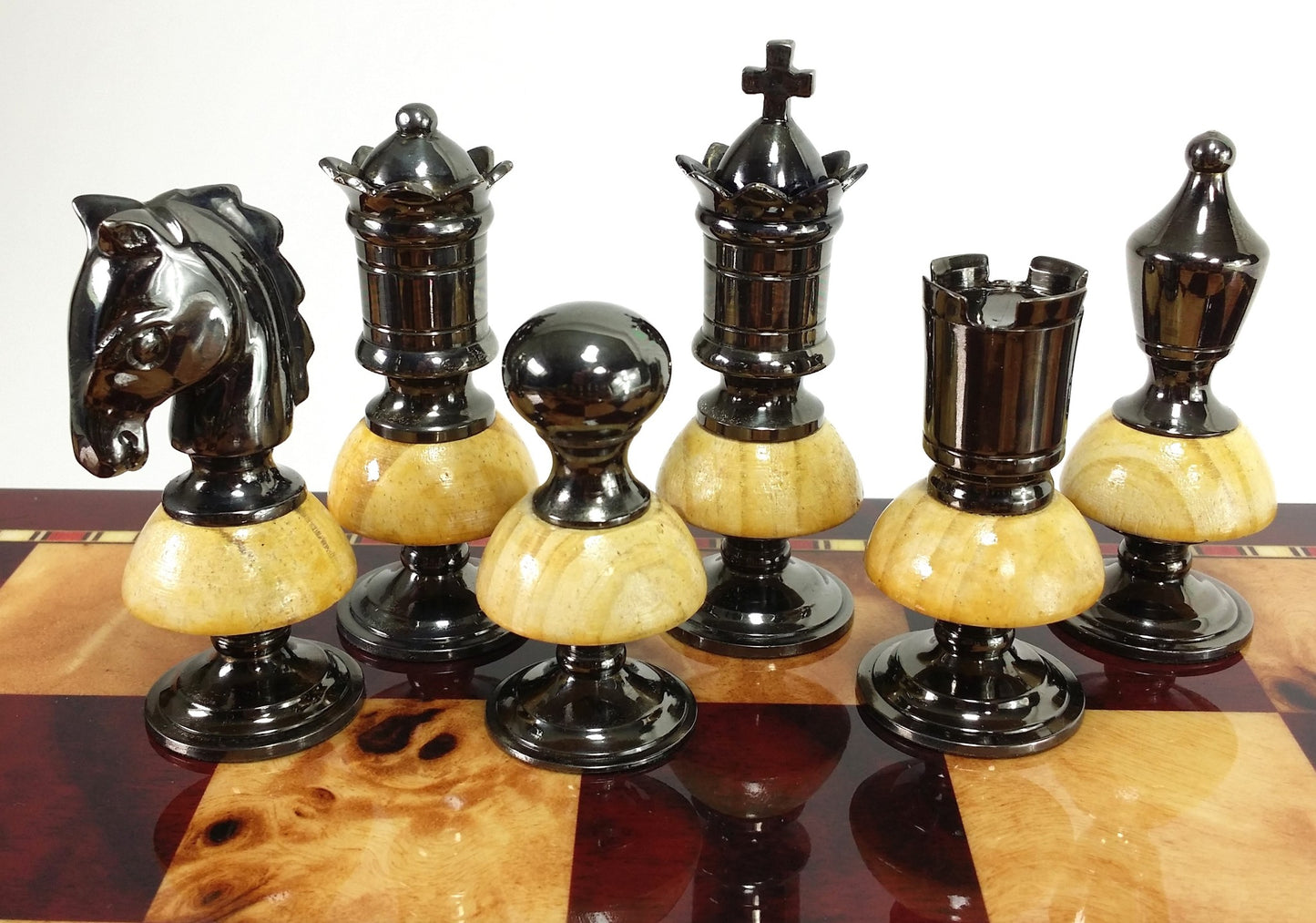 Large BRASS METAL Gold Black Chrome & Wood Royal Staunton Chess Men Set NO BOARD